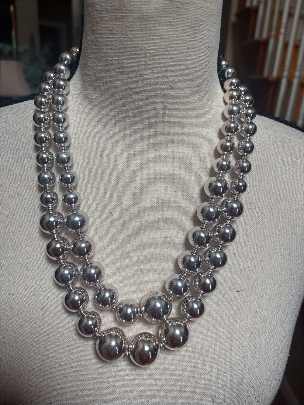 Classic Silver-Tone Double Strand Beaded Necklace